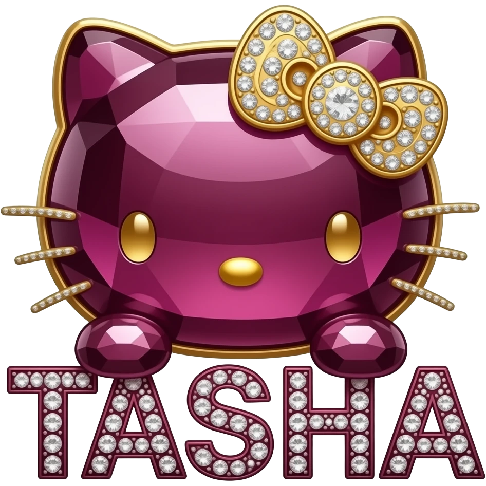 Crystal burgundy and gold hello Kitty head sitting on top of the letters TASHA emoji