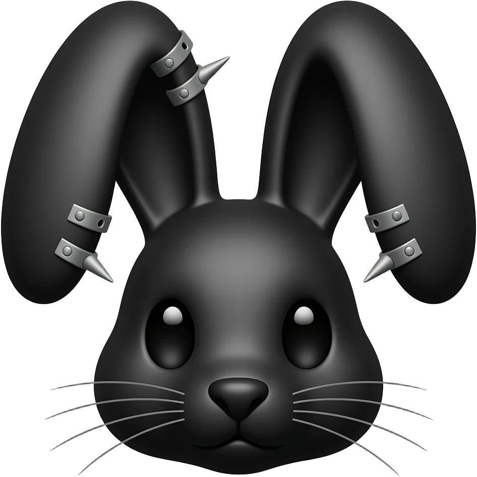 black rabbit face with pierced ears black eyes emoji