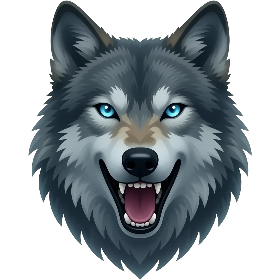 angry wolf head emoji facing front, mouth open, only partially visible with subtle shadow silhouette, transparent ghost-like body, glowing eyes floating in darkness, soft smoky outline ,SEMI TRANSPARENT fur distortion effect” emoji