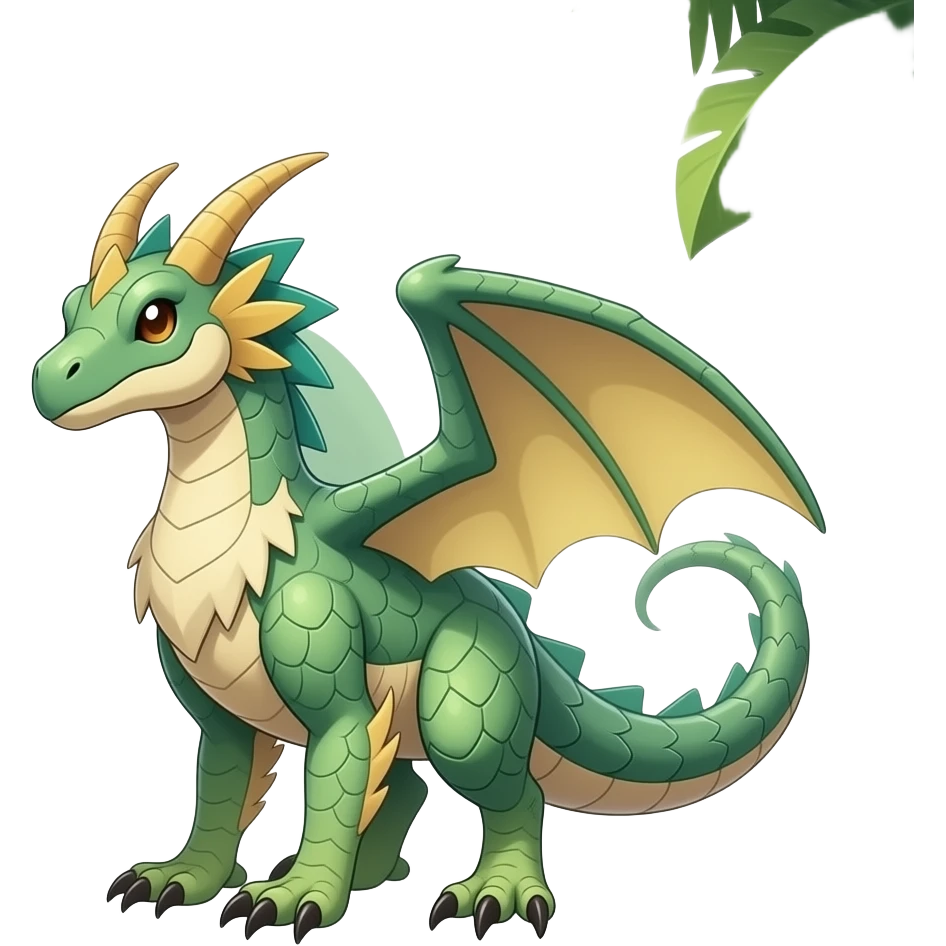 romantic ivy-vines-covered lush tropical Exotic greenish pastel Beige yellowish beautiful gorgeous attractive pretty Raptorik scaley feathery horned Amaura-Wargreymon-Aurorus-ExVeemon-WereGarurumon-Pokémon-Fakémon-hybrid-fusion-creature, full body emoji