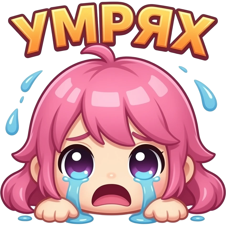 cute twitch emote, exhausted pink chibi character collapsing dramatically, huge teary eyes, chaotic gamer energy, bold bulgarian text “УМРЯХ”, glossy highlights, transparent background, thick outline, ultra readable, funny spam emote style emoji