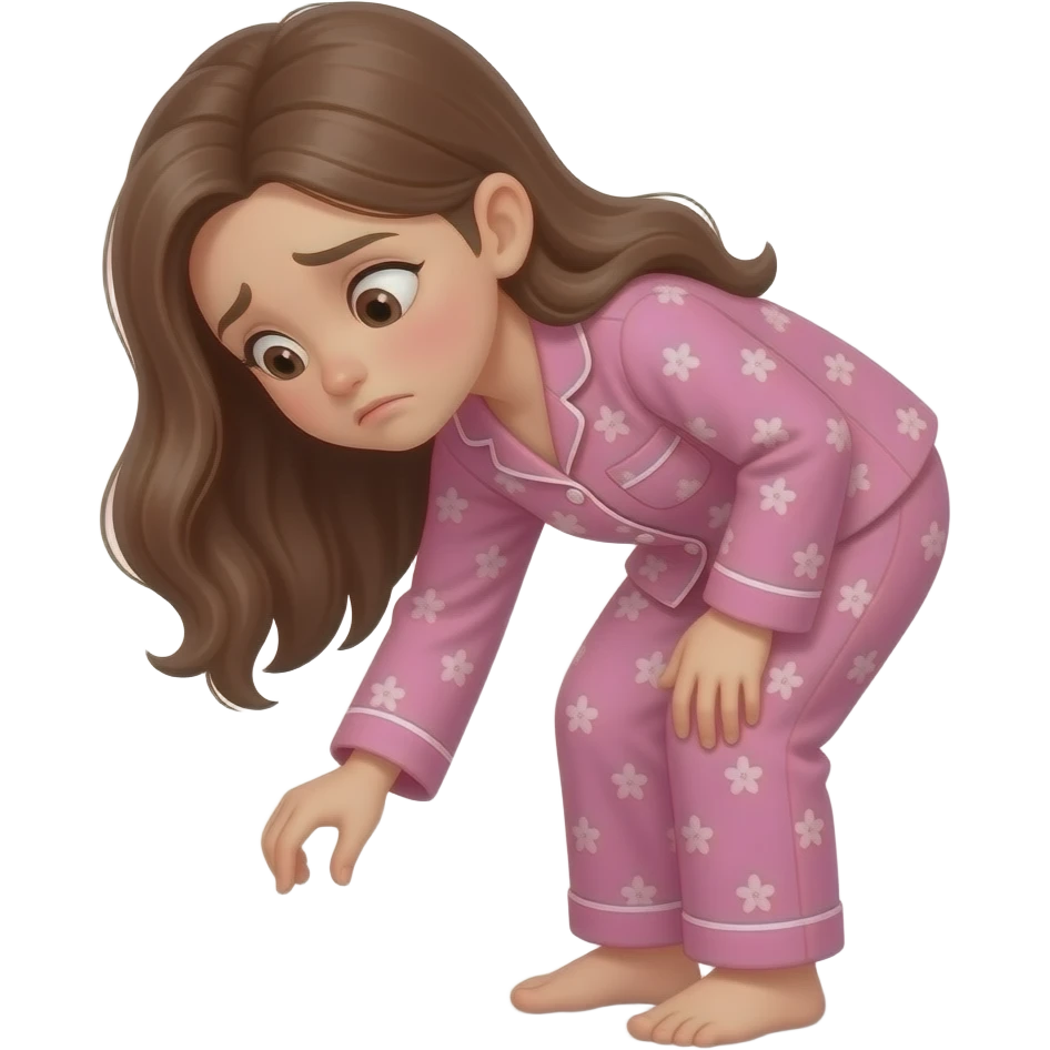 teenage girl long hair in pjs bending down to pick something up worried expression emoji