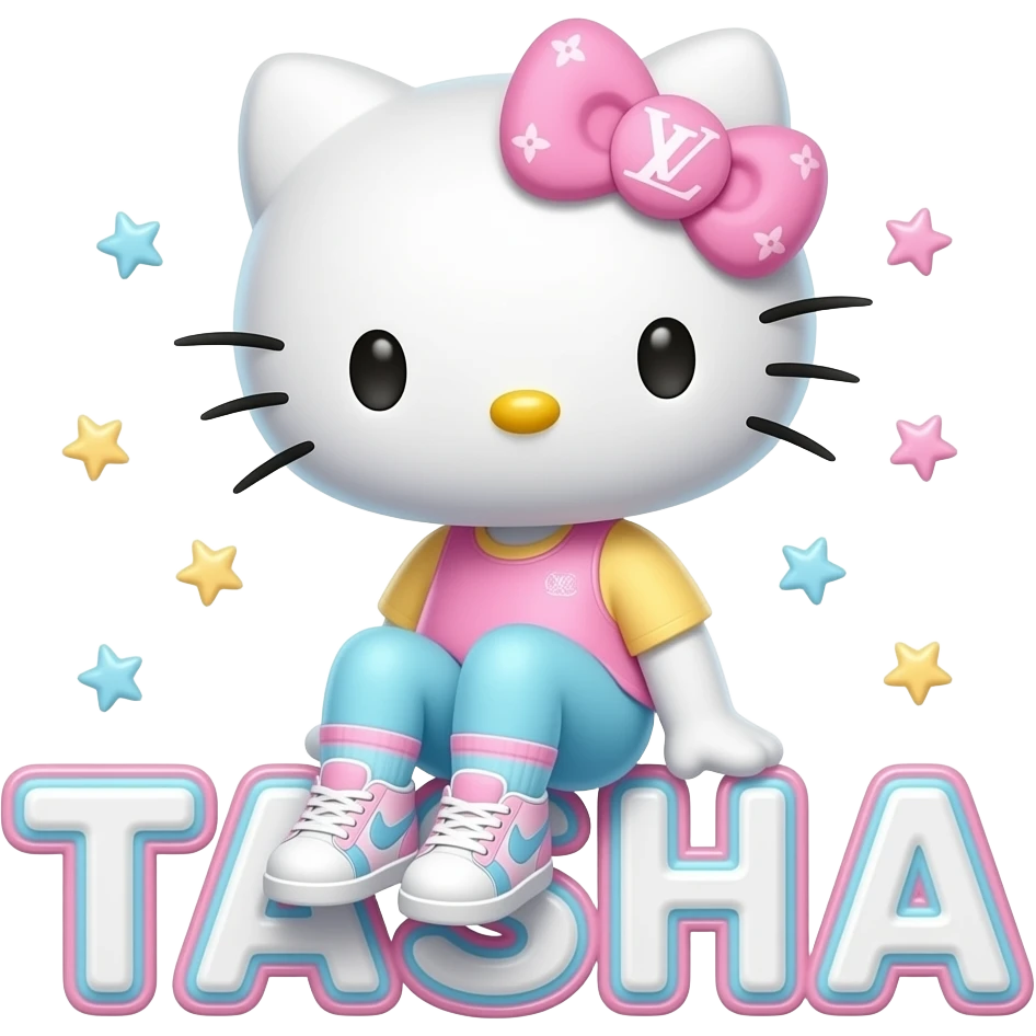 4D Velvety fur texture hello kitty wearing ombre white and blue and pink ombre pastel colored leggings and sneakers, and with the Louis Vuitton symbol on her ombre pastel bow sitting sideways on top of the velvety 3D outlined letters TASHA and surrounded with tiny ombre pastel stars made of candy emoji