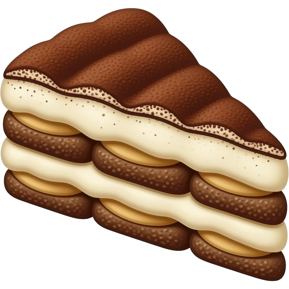 A triangular piece of tiramisu with alternating layers of coffee-soaked ladyfingers and creamy filling, topped with cocoa powder dusting, soft 3D lighting, isometric vector art, simple composition, studio lighting, no text, no plate, no utensils, no shadows on edges emoji