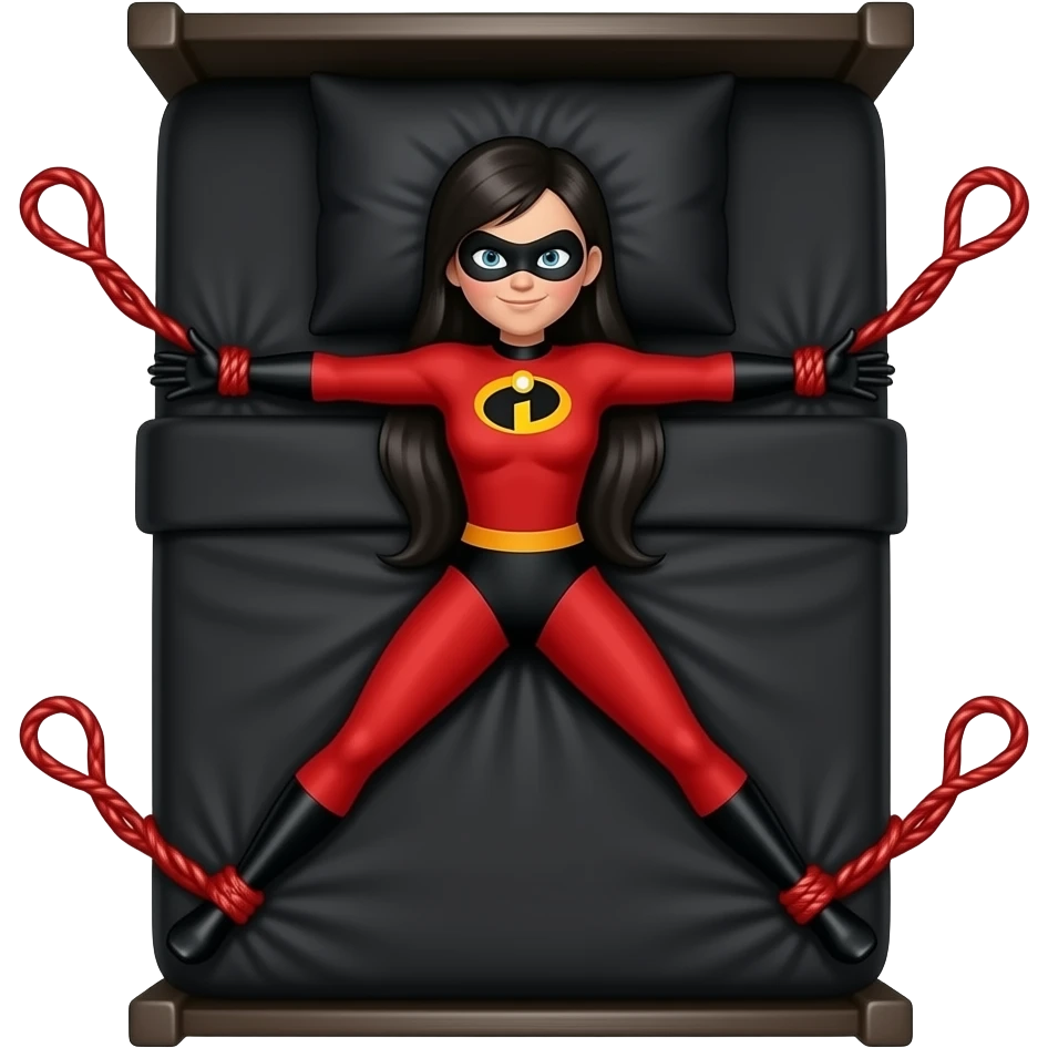 Violet Parr,Incredibles, red suit, yellow head band, long black hair,  Tied to a black bed, arms and legs spread, tied to the corners of the bed, black sheets, black pillow red silk ropes emoji