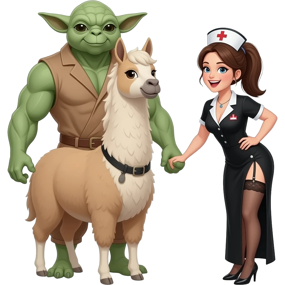 Llama in the background, 6 foot tall muscular  Yoda standing and holding hands  immediately behind a pony  tailed nurse smiling with open mouth, wearing a garter belt, long black dress.Nurse  has DD breasts slit down side of dress , she is bending over looking back at Yoda seductively emoji