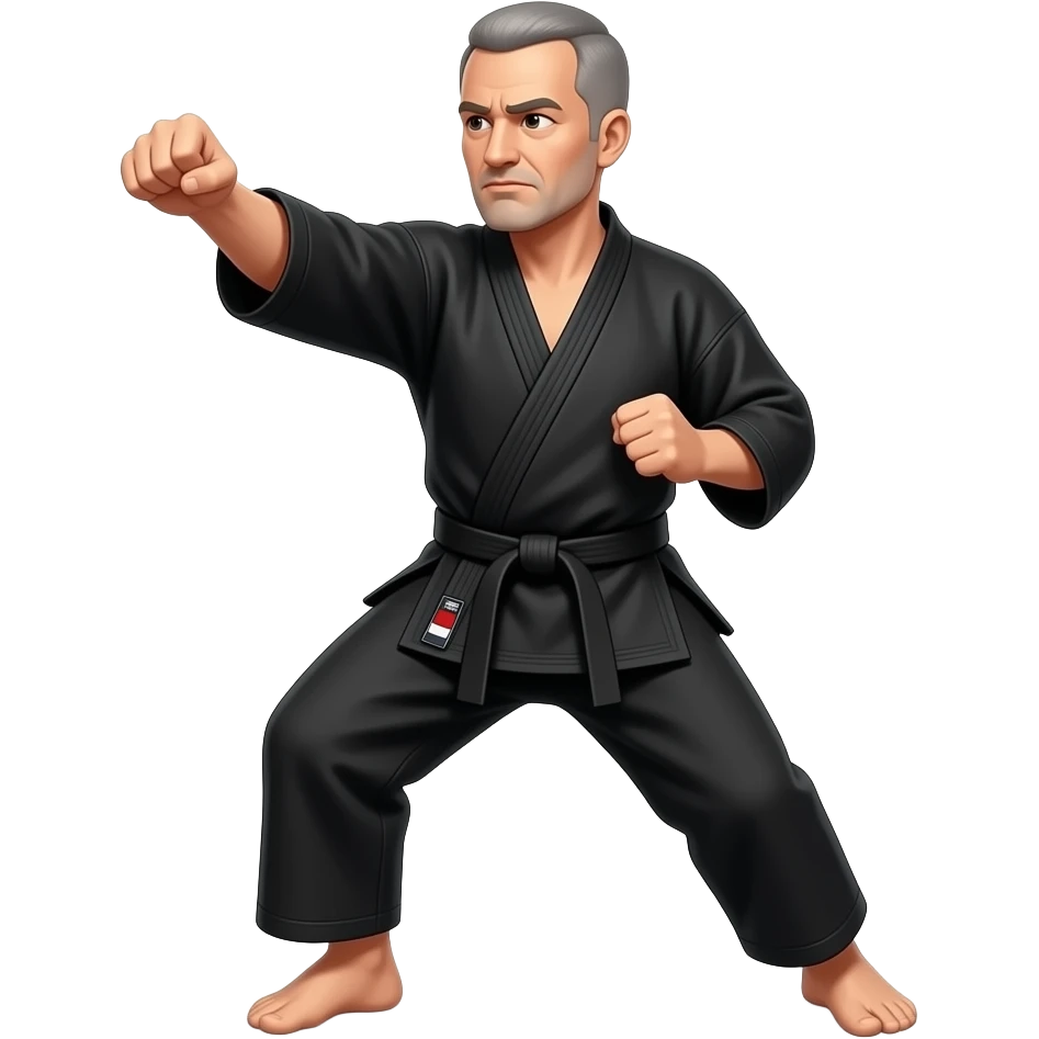 Middle-aged, white man wearing karate uniform , shaved short hair with a black belt doing a punch emoji