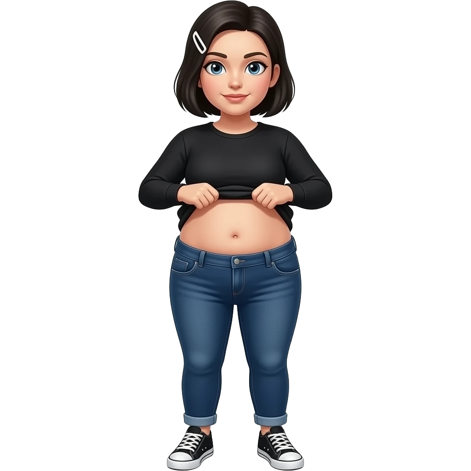 White woman with black short hair, white hair clip on the left of her hair, plain black long sleeve shirt, dark blue jeans, white and black sneakers, and a chubby body lifting her shirt to show her clean chubby belly button emoji