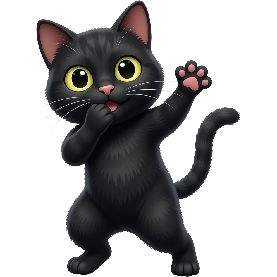 Like A black cat dancing while closing her mouth with one paw and with other paw waving to the forward emoji