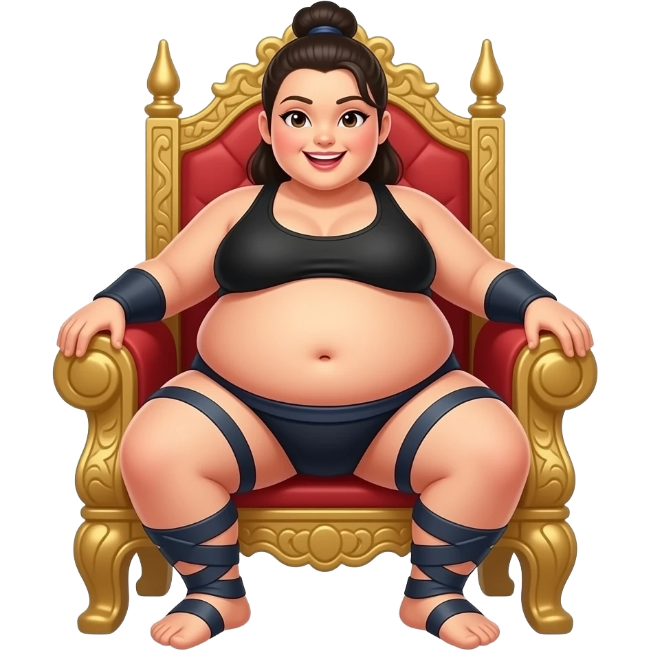 A female sumo warrior rests on a throne bench,with a cutely playful gesture she hangs out her overstuffed obese exposed belly,so the tiny volunteer admirers can use the girl’s vulnerable belly to bounce on,The female giant giggles because her bellybutton is ticklish. emoji