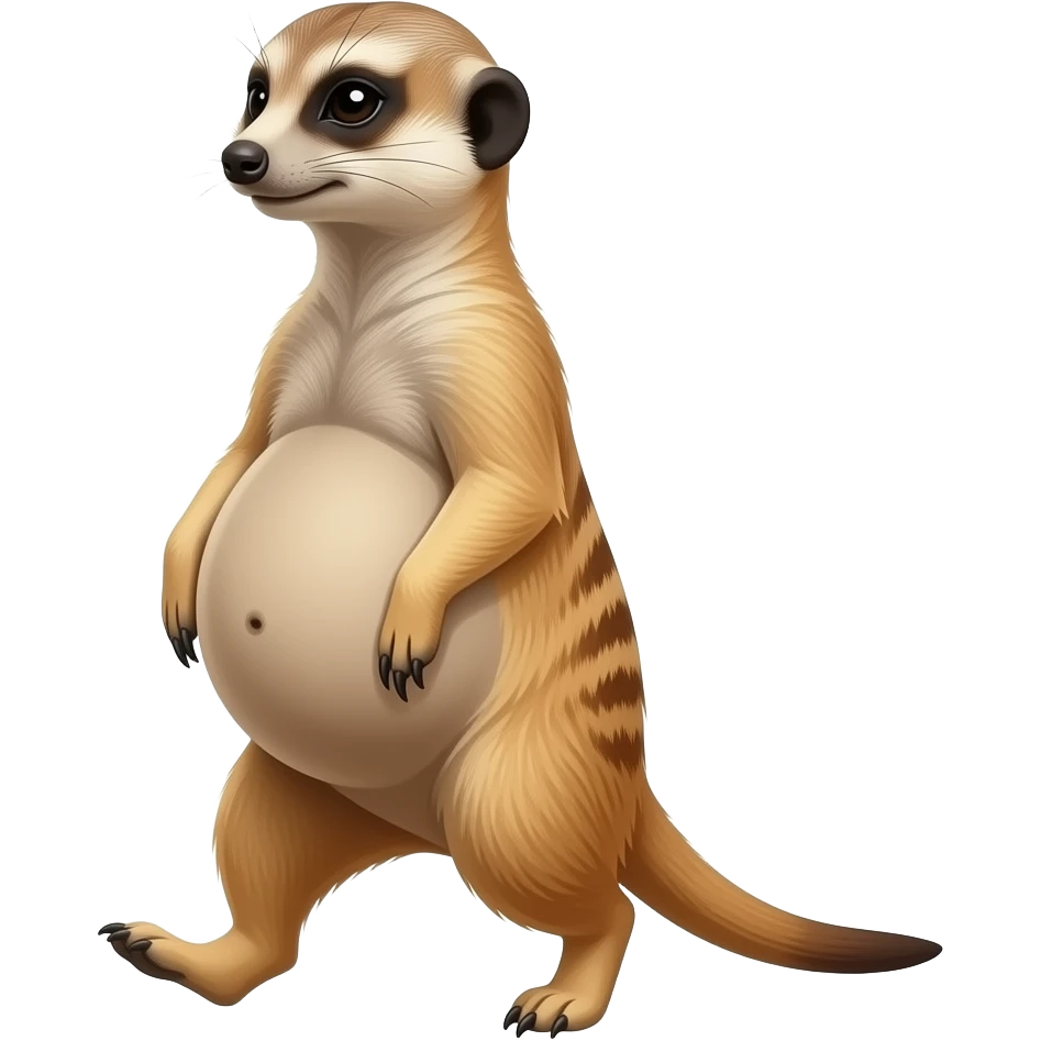 A female Meerkat now wants to give a try to walk,but with her full belly so big she has to hold it up off the ground,it is a guessing game if she is gonna all the way home ,but she knows she is just fat,her bellybutton makes agreement with clues. emoji