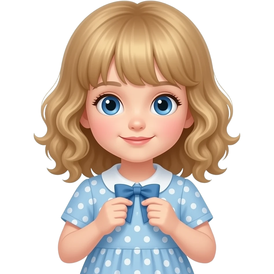 white kid blue eyes mid length with bangs soft curly hair to shoulders in color: middle to little darker blonde, in a dress, putting on outfit emoji