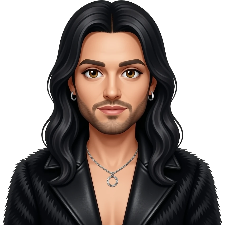 Conchita Wurst (Tom Neuwirth) with brown eyes, long black hair and short beard, black fur coat, black metallic baggy pants, shirtless with necklace and earrings emoji