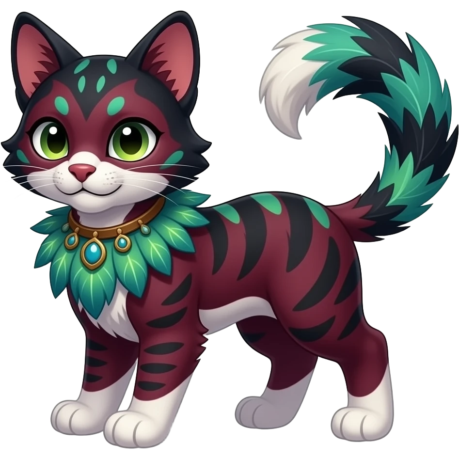 Colorful dark tropical feathery tribal dark burgundy wine-red obsidian-black jade-green white glorious iridescent divine exotic cute cool beautiful beautiful fantasy-caracal-civet-genet-sergal-vernid-Gryphon-Cacomistle-Trico-oncilla-animal-Fakémon-hybrid-fursona (full body) emoji