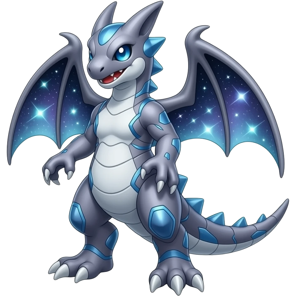 Shiny Futuristic Celestial Fakemon-Pokemon-Digimon-Spectrobes-Raptor-fusion, full body, teo emoji