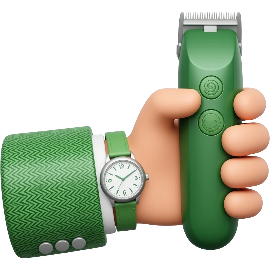 3D hand emoji, green herringbone suit sleeve, green tonneau watch, holding green barber trimmer emoji
