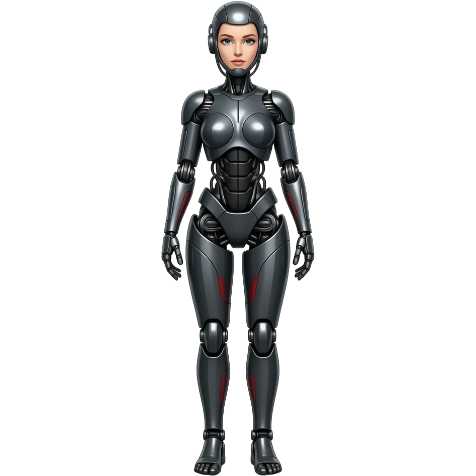 A mechanical woman made of dark gray steel with black and red markings,no human features, only robot features, entire body, sexy pose, robot face, full body pose emoji