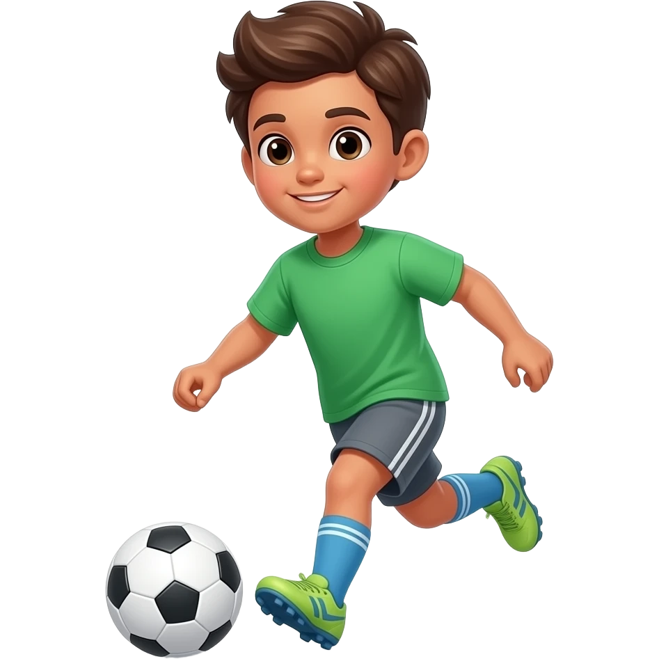 niño jugando al soccer con camiseta verde celeste y gris con zapatillas de futbol emoji