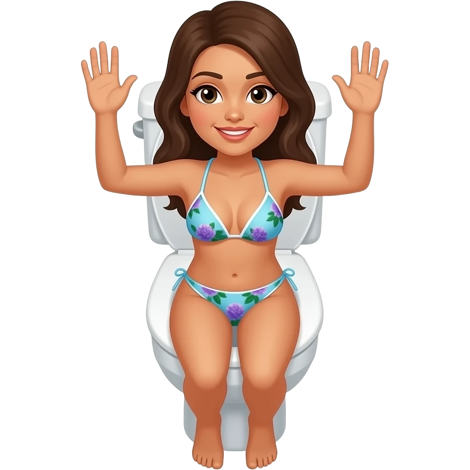 Woman, top view, in 2 piece swimsuit, wearing only top, on toilet, hands up emoji