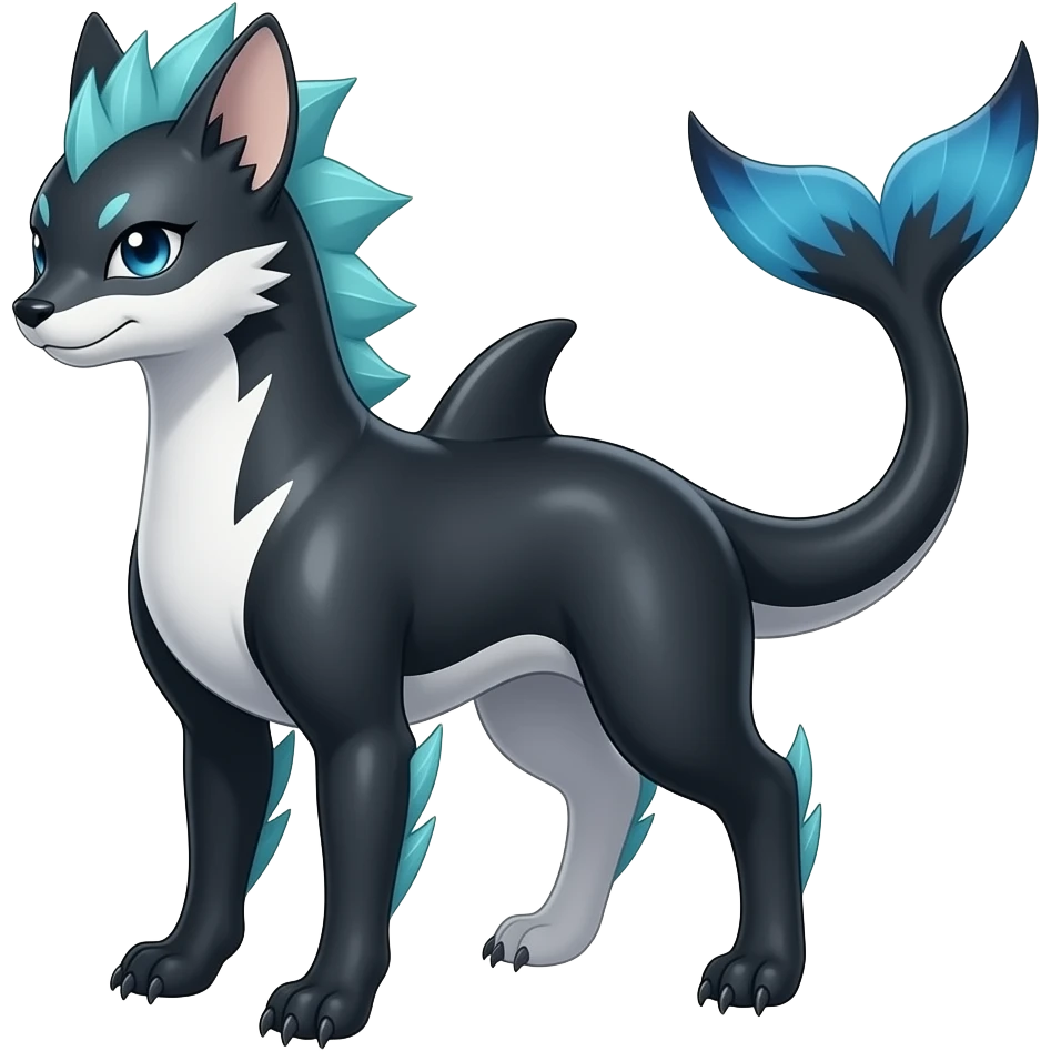 Quadrupedal digitigrade shiny glossy smooth finned frilled gothic tall slim unique epic legendary shiny edgy cool cyberpunk-solarpunk-fantasy-Absol-Sprigatito-Vaporeon-Furret-Manectric-Mudkip-Fakémon-hybrid with an orca tail emoji