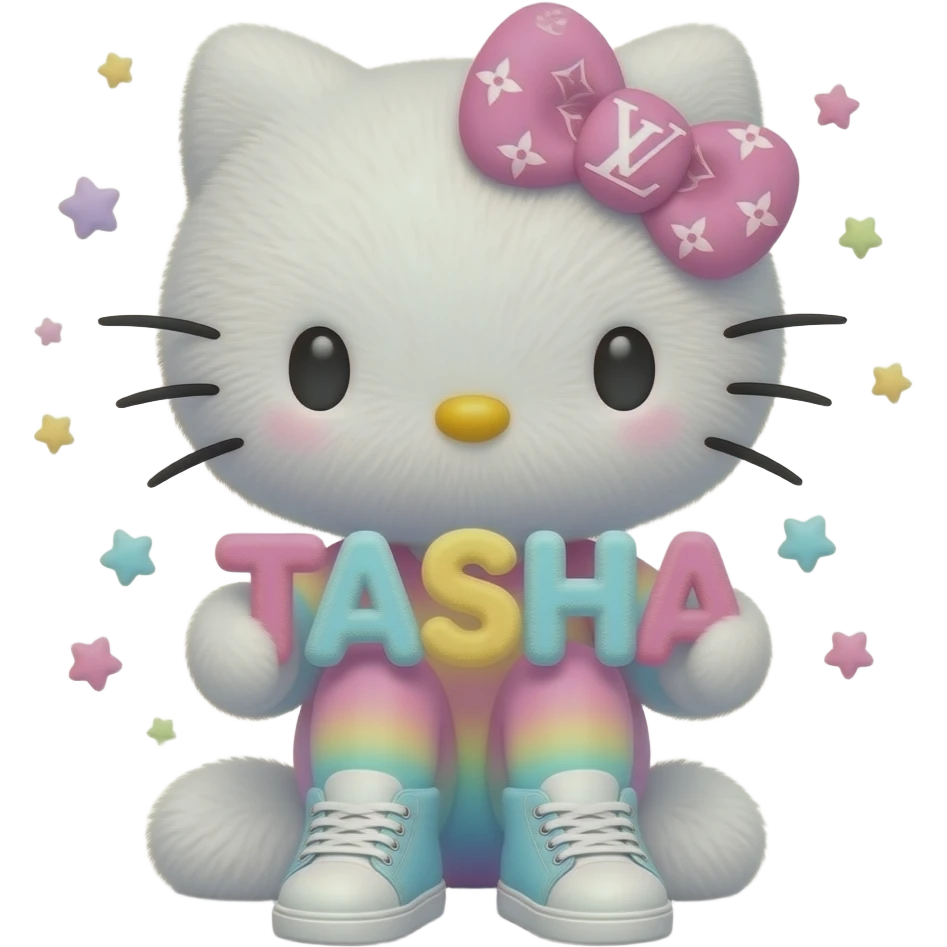 4D Velvety fur texture hello kitty wearing ombre white and blue and pink ombre pastel colored leggings and sneakers, and with the Louis Vuitton symbol on her ombre pastel bow sitting down holding the velvety 3D outlined letters TASHA and surrounded with tiny ombre pastel stars made of candy emoji