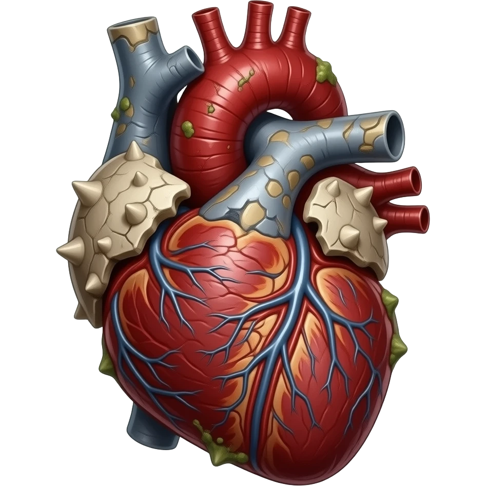 A corrupted draconic organ featuring deep crimson-red cardiac muscle, jagged ivory-gray osteoderms, sharp keratinous spikes, dense organic plating, intricate vascular textures, glossy moisture-rich surfaces, rugged biological growths." emoji