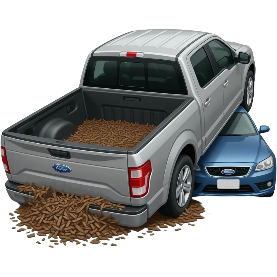 Gray F150 with full of bark chips in the back upside down in between two other cars emoji