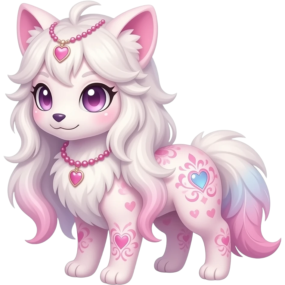 Fuzzy feathery long-haired beaded mane cozy rosy aesthetic Rosy beautiful gorgeous pretty Petite shiny glossy sparkly romantic pastel damask Absol-Sylveon-Amaura-Aurorus-Espeon-Fakemon-hybrid with heart sparkle patterns emoji