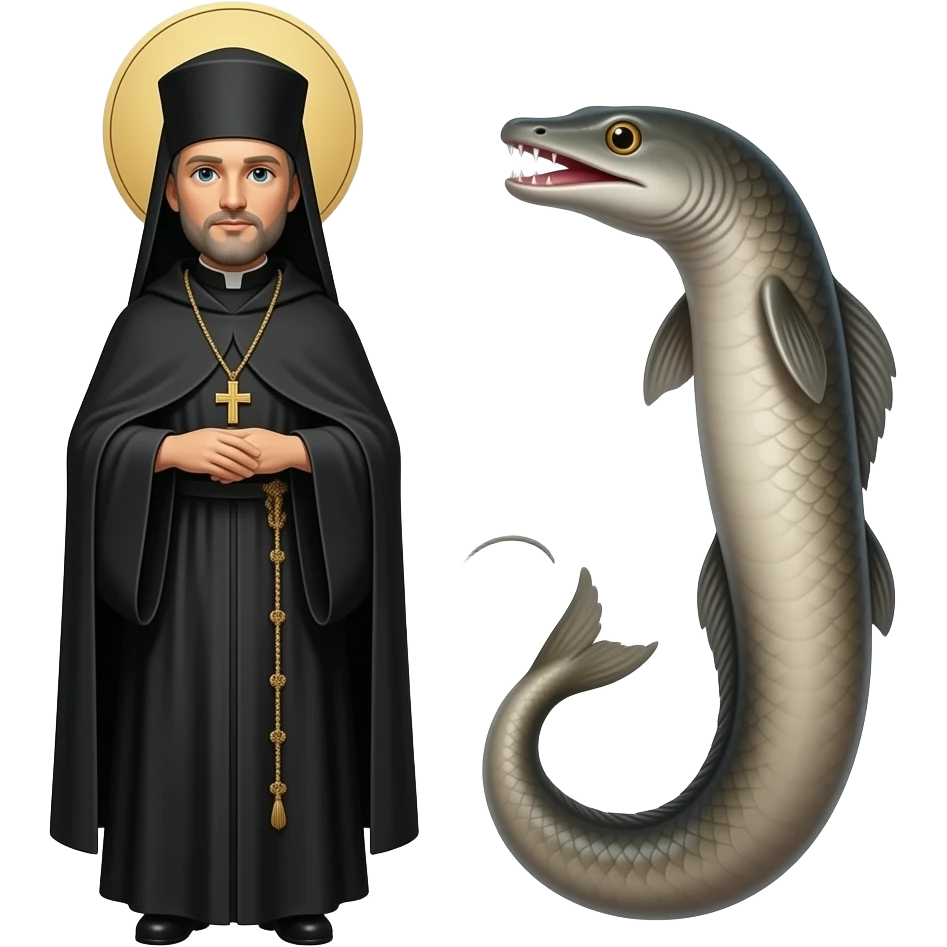 a greek othodox priest in black and a long eel emoji