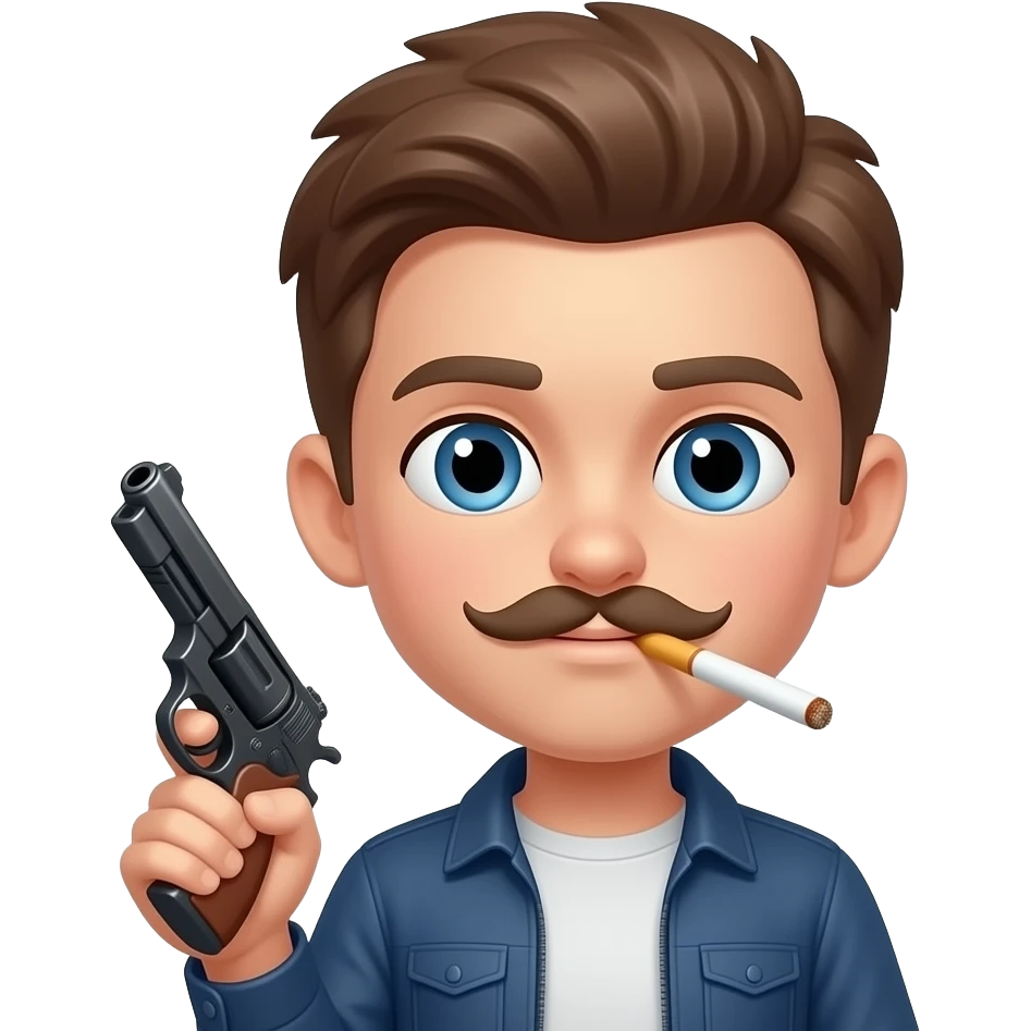 make me an emoji of jacob kravets which is 11 years old and he is white brown hair blue eyes no mustache cool hair with a gun and a cigarette in his mouth no mustache emoji