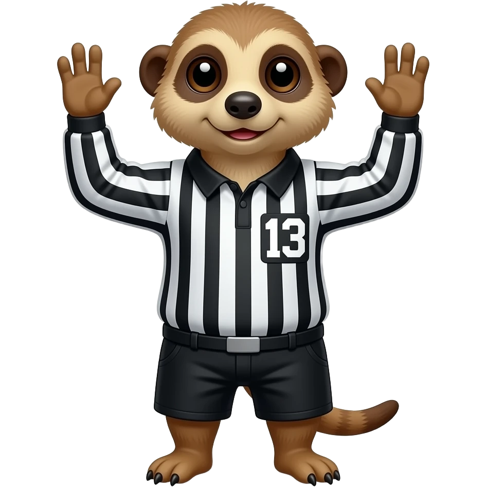 Create a meerkat wearing hockey referee jersey and number 13 showing NO-GOAL with both hands raised to side 90 degree emoji