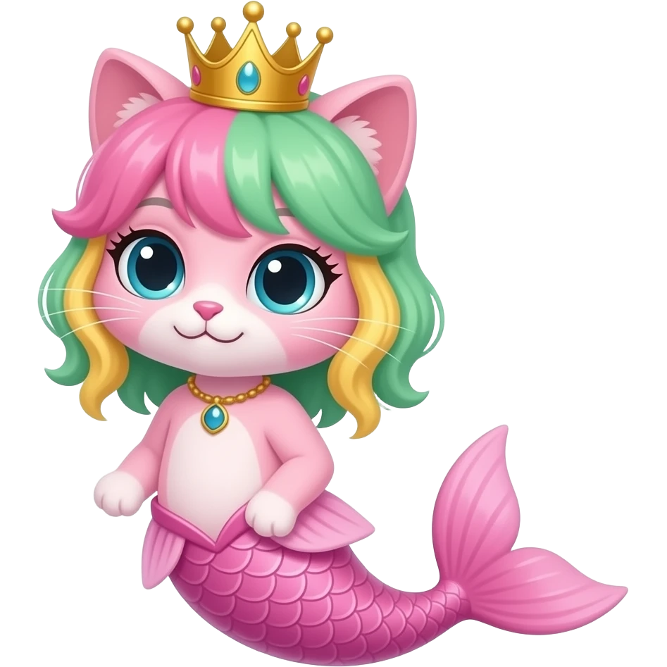 pink anthro cat with pink and green and yellow hair golden crown with a pink mermaid tail emoji