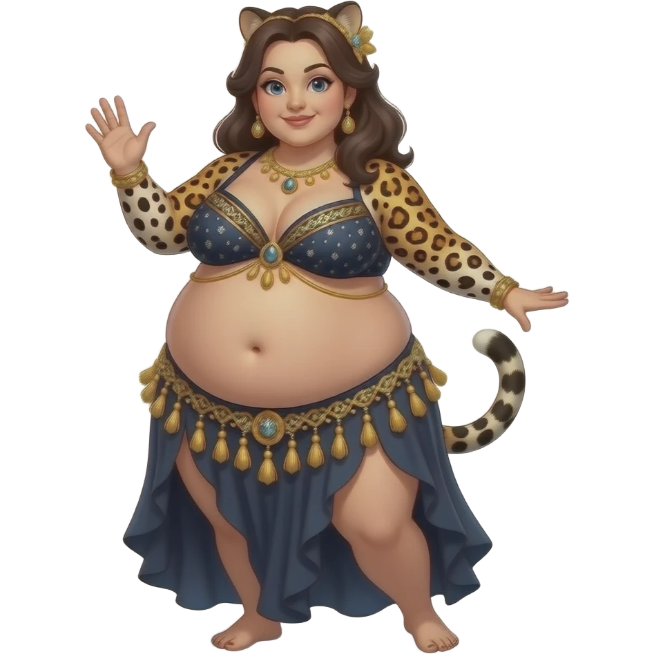 A female leopard belly dancer,with an morbid obese love handles & muffin top midriff,her bellybutton bulging from being stuffed to the max after a luncheon buffet,She dances then her bouncy belly wobbles a lot. emoji