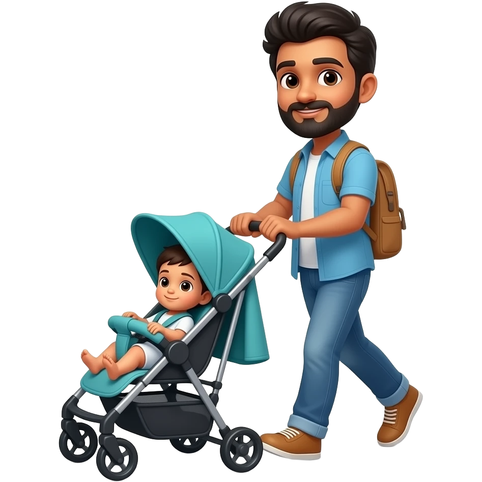 south indian young adult with beard walking infant in stroller for babies emoji