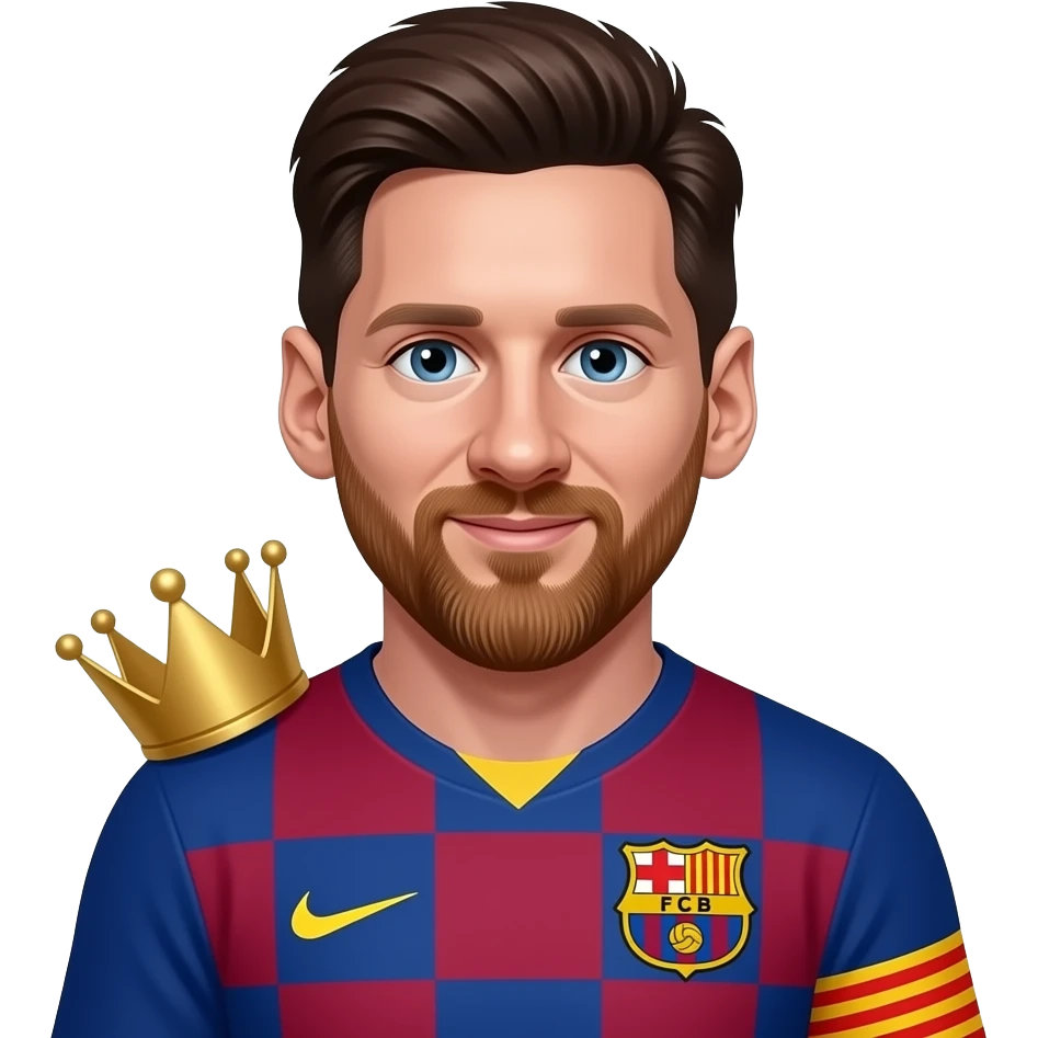Messi emoji avatar, Barcelona jersey, cute cartoon style. One small identical golden king crown placed near the left shoulder on the jersey. emoji
