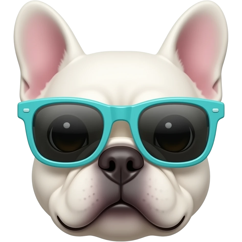 realistic white french bulldog face with teal sunglasses emoji