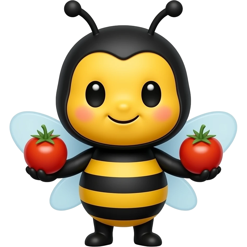 A cute bumblebee character holding a cherry tomato in each hand emoji