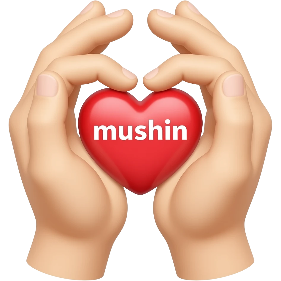 A two hand heart that actually has a heart that is red inside of it and the word mushin reversed out in white emoji