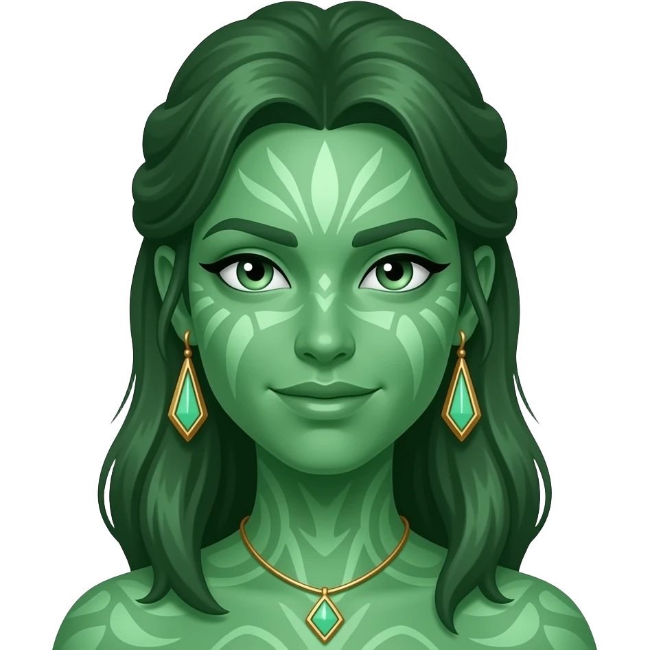 llustrate a Pandora-style female avatar with radiant green skin, intricate facial markings emoji