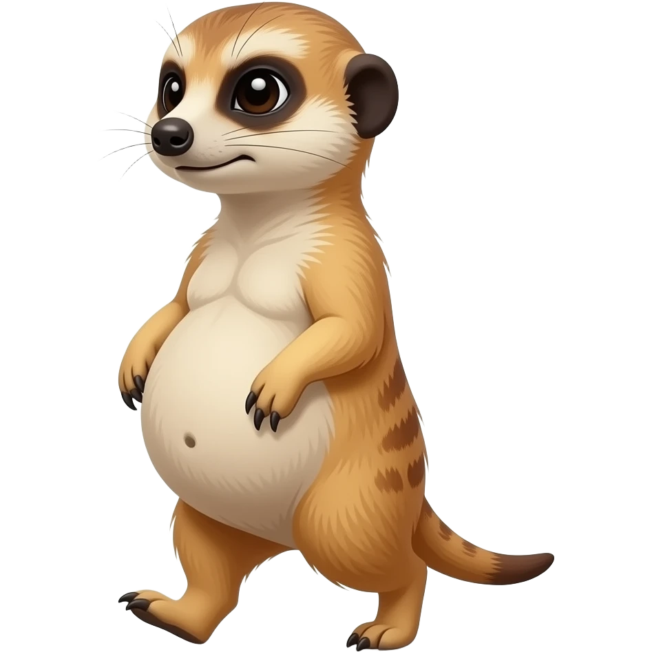 A female Meerkat now wants to give a try to walk,but with her full belly so big she has to hold it up off the ground,it is a guessing game if she is gonna all the way home ,but she knows she is just fat,her bellybutton makes agreement with clues. emoji