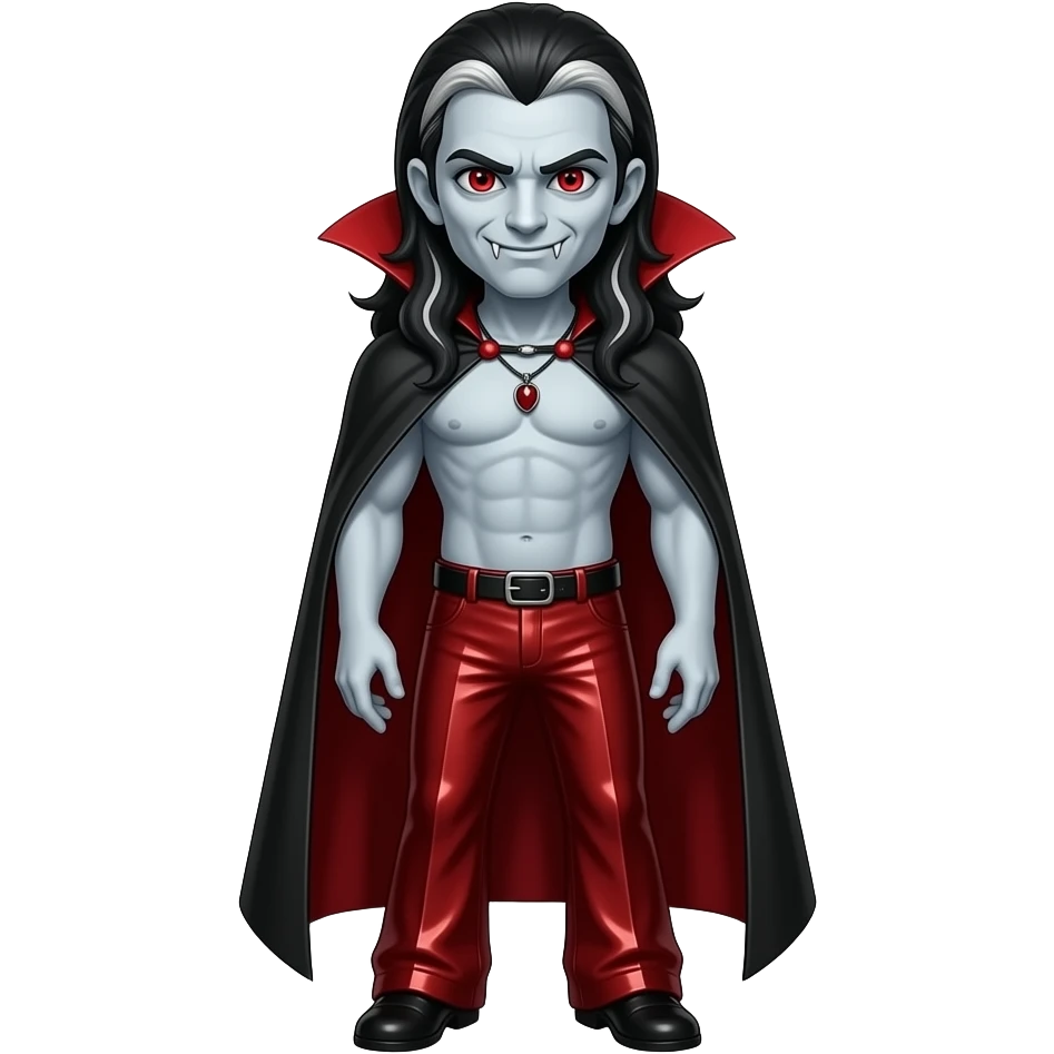 Count Dracula with pale grey skin, red eyes, long black hair with white highlights, crimson cape, crimson metallic faux wide leg pants, shirtless with necklace emoji