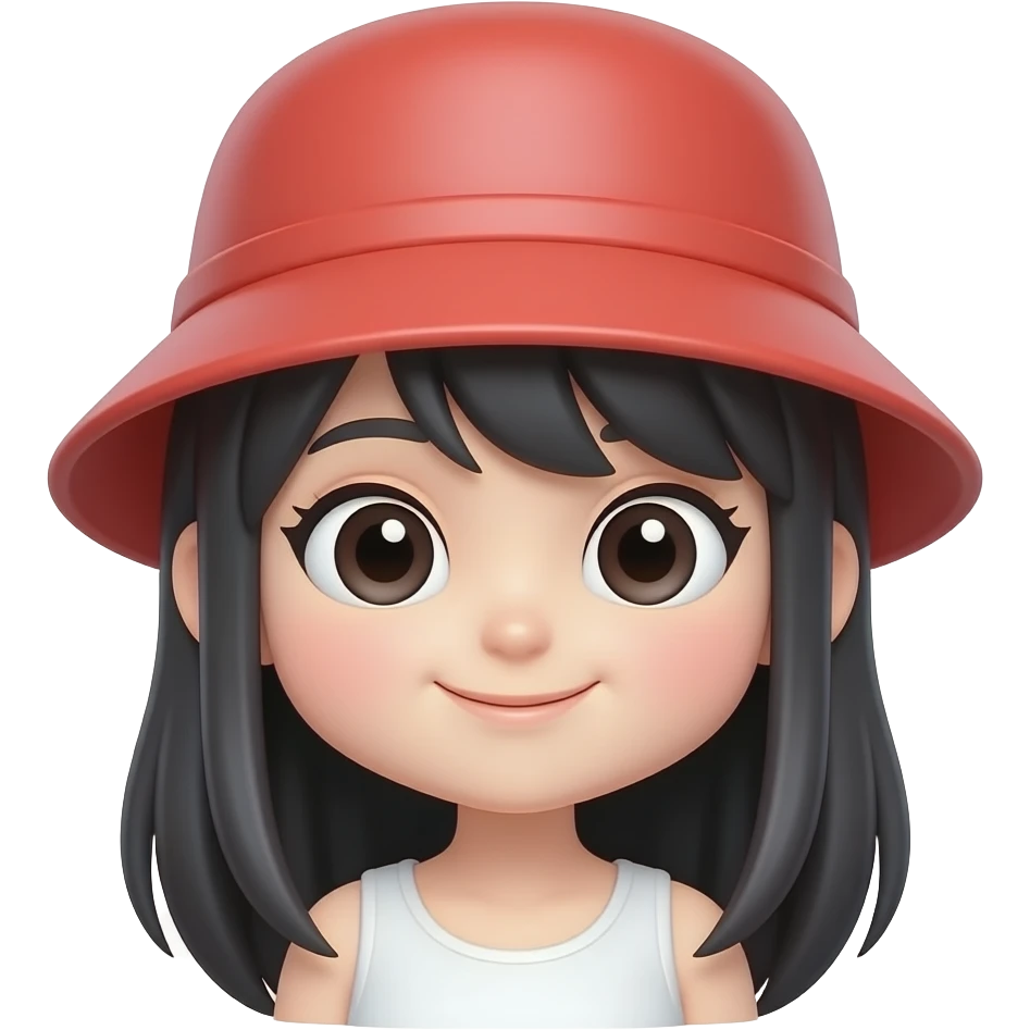 Cute chibi girl emoji, long black hair, red bucket hat, different eye shape, sweet smile, glossy 3D cartoon, sticker style, transparent background. emoji