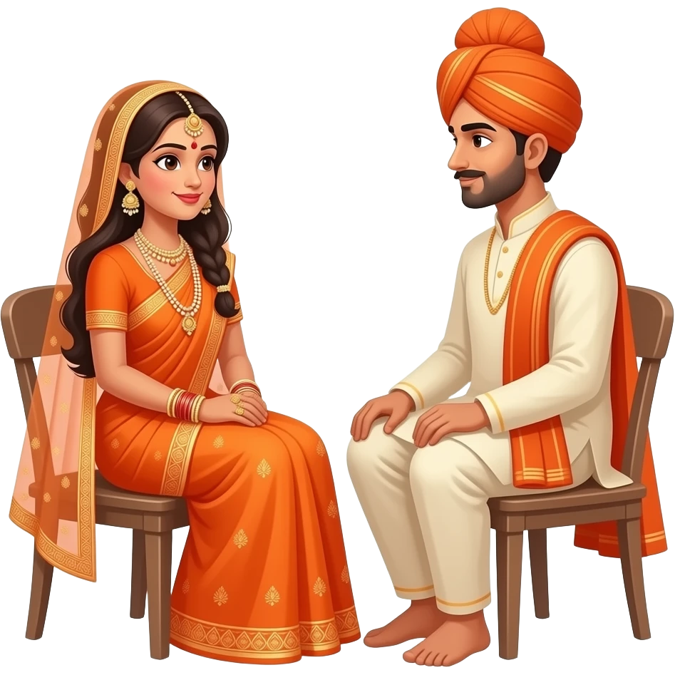 Hindu bride in orange saree and groom sitting facing each other emoji