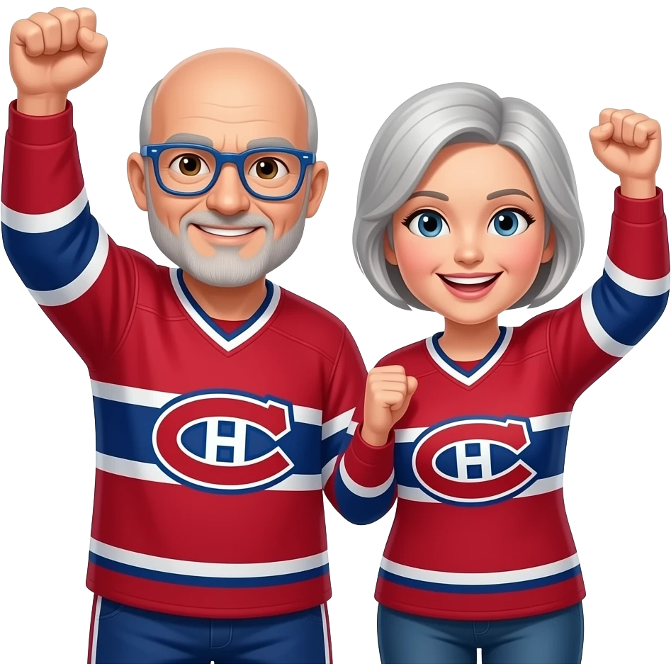 50 year old 170 lbs man, completely Bald, no hair, brown eyes, wearing blue glasses and montreal canadiens jersey with short light gray haired woman wearing the same both have their arms raised cheering emoji