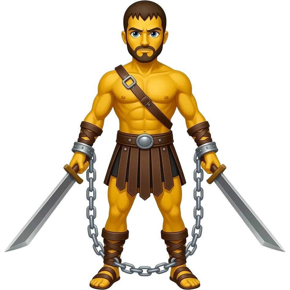 spartacus, minimal, full body, yellow skin, tipical emoji caracter style, more emojis style, more minimal, with weapons, more simplistic, emoji style, shackles on wrist with broken chains emoji