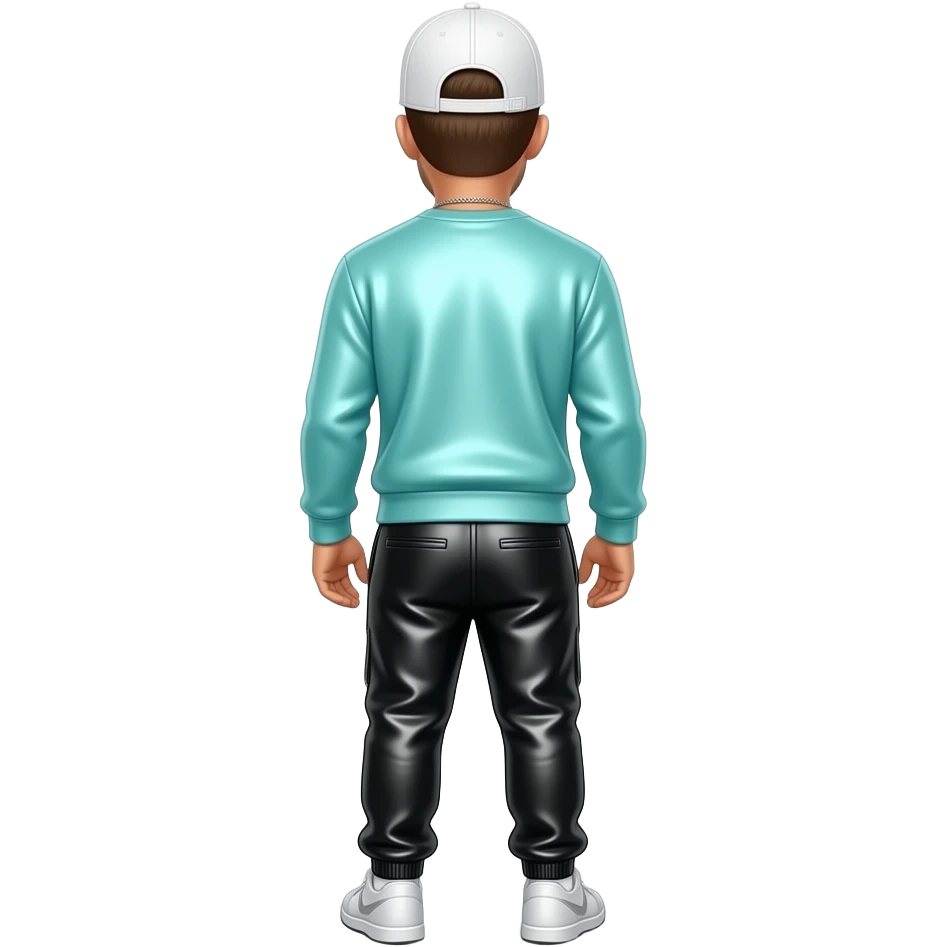 Donnie Wahlberg from behind with white cap, cyan metallic sweatshirt, black metallic saggy joggers, necklace emoji