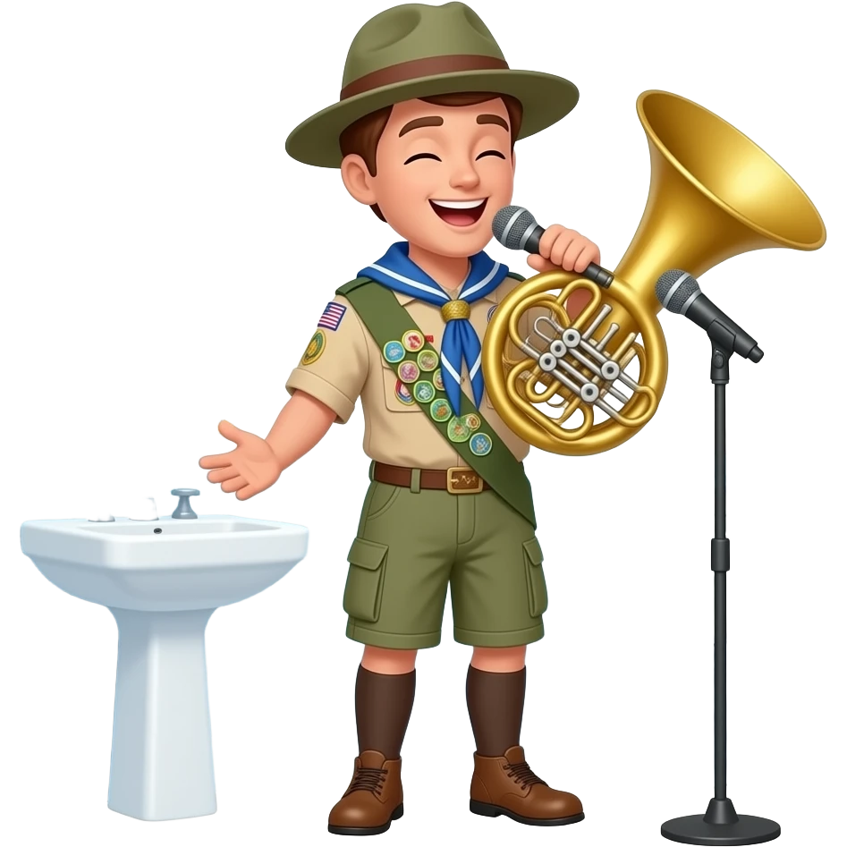 una persona en el baño cantando con un microfono en forna de fuet y con un gorro de boy escaut pero que se le vea el cuerpo entero y con ropa normal solo el goro de boy escaut y el micro en forma de fuet emoji