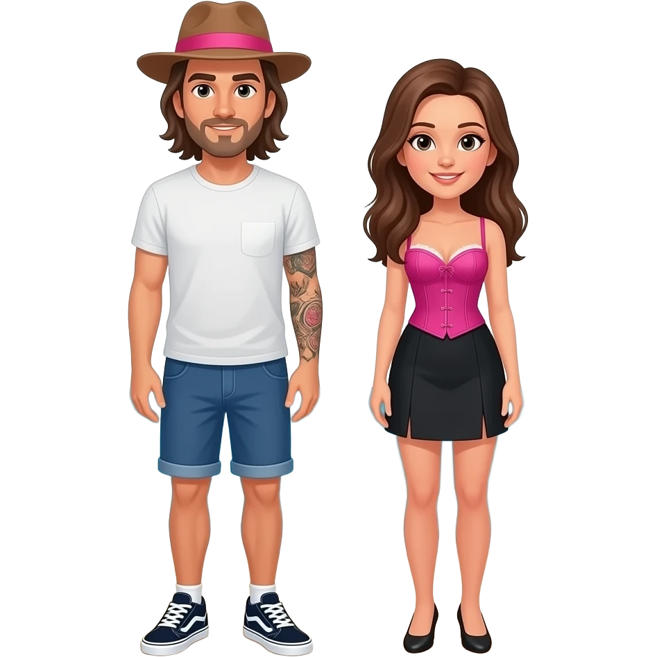 sur la plage. Homme cheveux mi long et bras droit couvert de tatouages. Il a Vans et casquette von dutch rose et marron. Petite femme brune cheveux long. Jupe courte noire et bustier rose fushia emoji