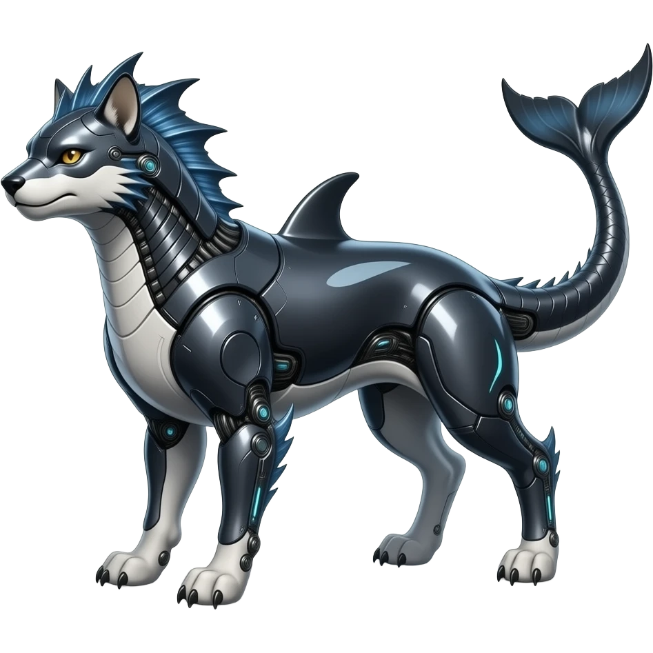 Tough realistic Quadrupedal digitigrade shiny glossy smooth finned frilled gothic tall slim unique epic legendary shiny edgy cool cyberpunk-solarpunk-fantasy-Sharpedo-Sceptile-Sprigatito-Flyogn-Vaporeon-Electrike-Fakémon-hybrid with an orca tail emoji