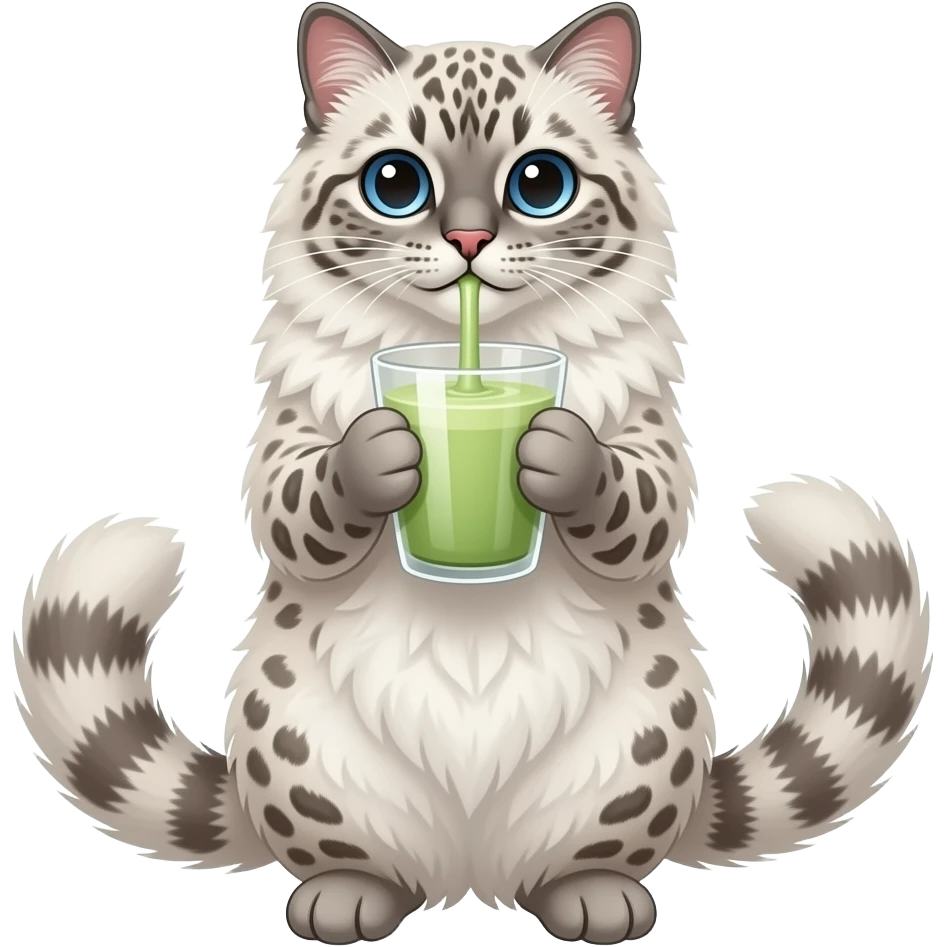 Fluffy Snow leopard like ragdoll cat standing up while drinking strawberry matcha 1 tail facing camera emoji